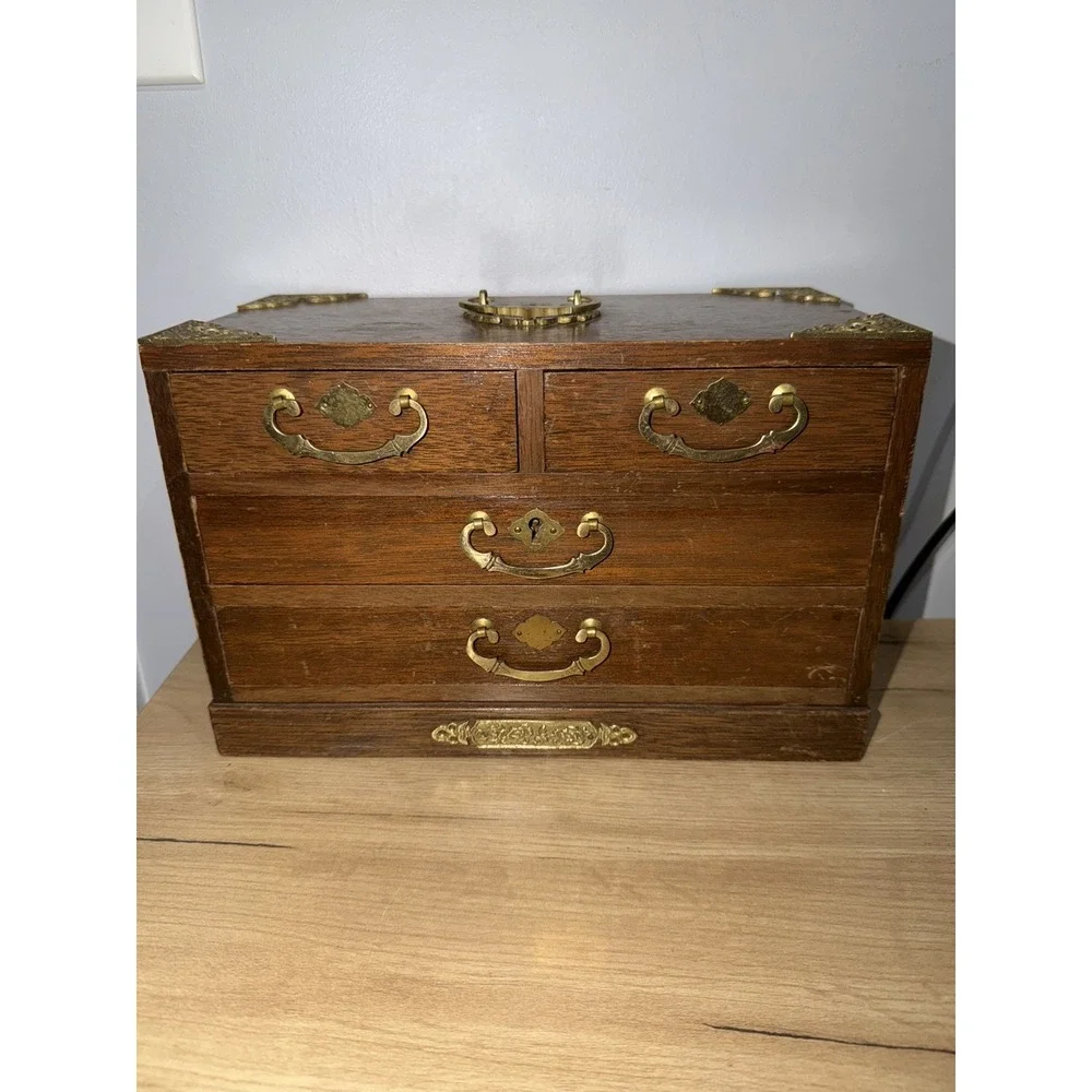 Vintage Brass Japan Tone Ornate Handles & Wood Jewelry Box Case Drawers